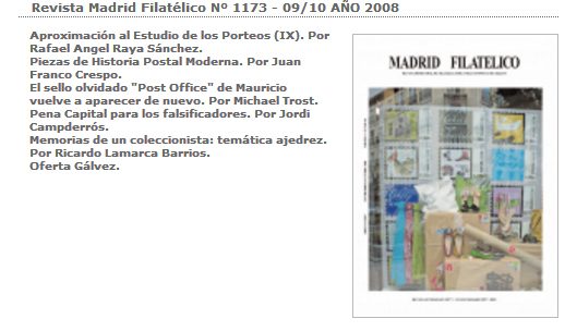 Ricardo Lamarca: “Memorias de un coleccionista, temática ajedrez”. En Revista Madrid Filatélico, Nº 1173 – 09/10 Año 2008